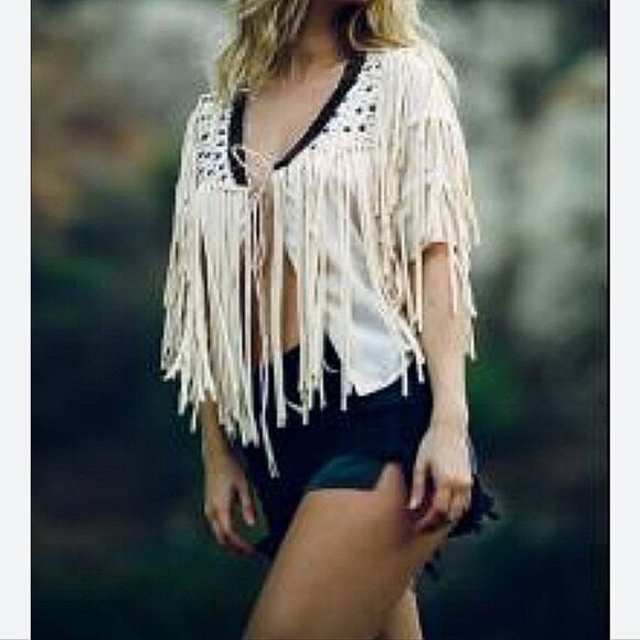 Ivory Cream Studded Beaded Fringe ShortSleeve Tie Front Cardigan Top Coachella S - Picture 1 of 14